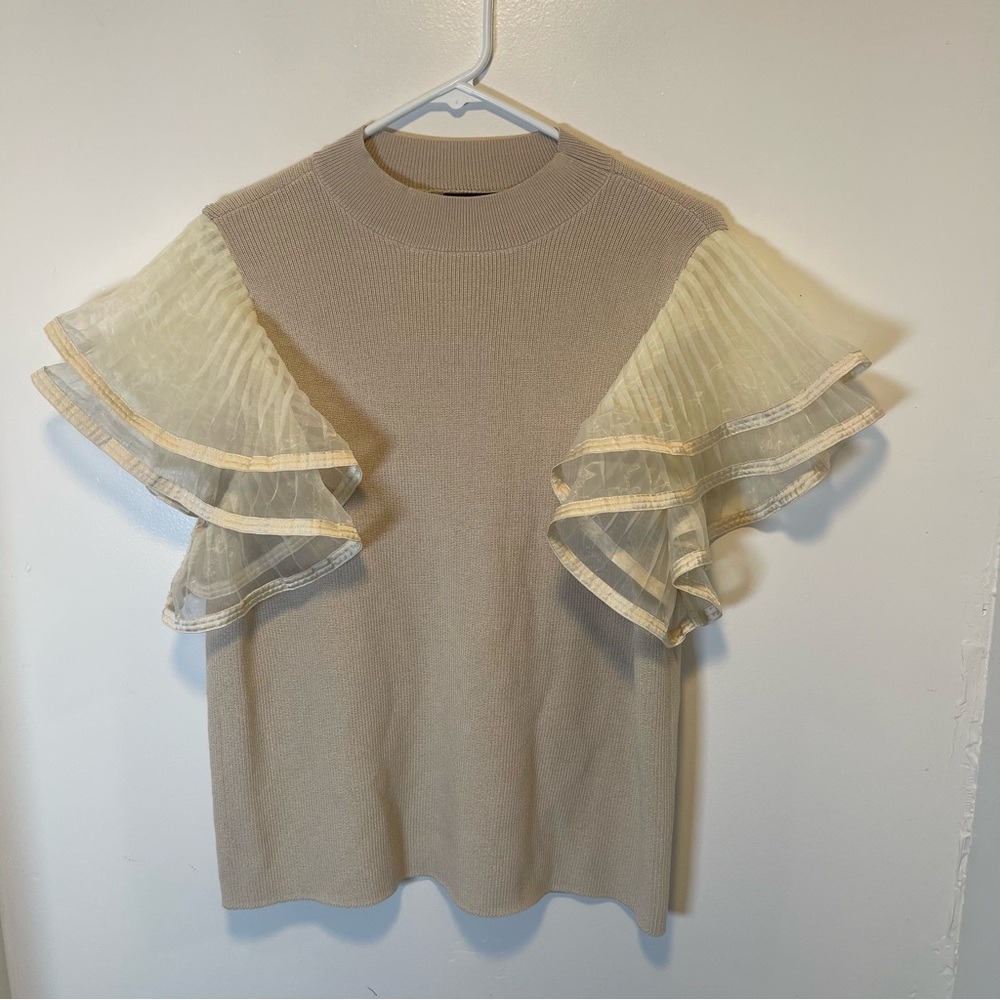 Ashro tan‎ shirt with ruffle sleeves women's size XL